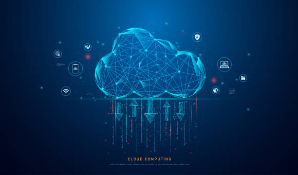 cloud computing icon on low polygonal style for technology cloud computing for data transmission, database, data storage, and backup. networking and internet service concept. - 網(wǎng)絡(luò)平臺 幅插畫檔、美工圖案、卡通及圖標