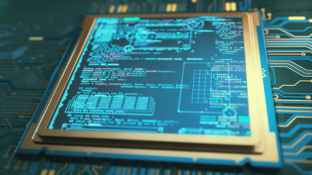 close up on a micro-processor chip and circuit design with a digital display showing programming language code and infographics. - 系統(tǒng)軟件開(kāi)發(fā) 個(gè)照片及圖片檔