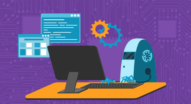 automated work of software, business project development, robot using keyboard at table - 系統(tǒng)軟件開(kāi)發(fā) 幅插畫(huà)檔、美工圖案、卡通及圖標(biāo)